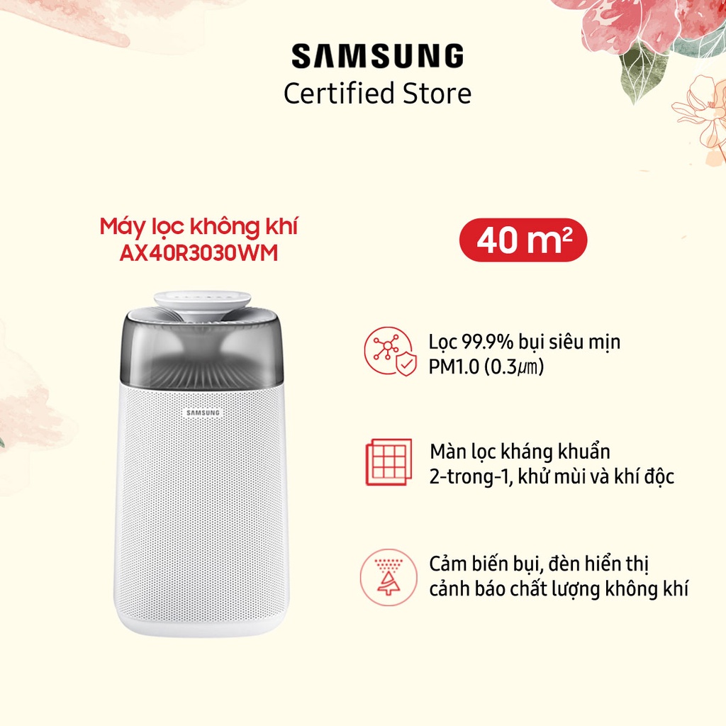 Máy lọc không khí Samsung 40m2 AX40R3030WM | Màng lọc 3 lớp khử mùi | Màng lọc 1năm | Chỉ báo theo màu | Hàng chính hãng