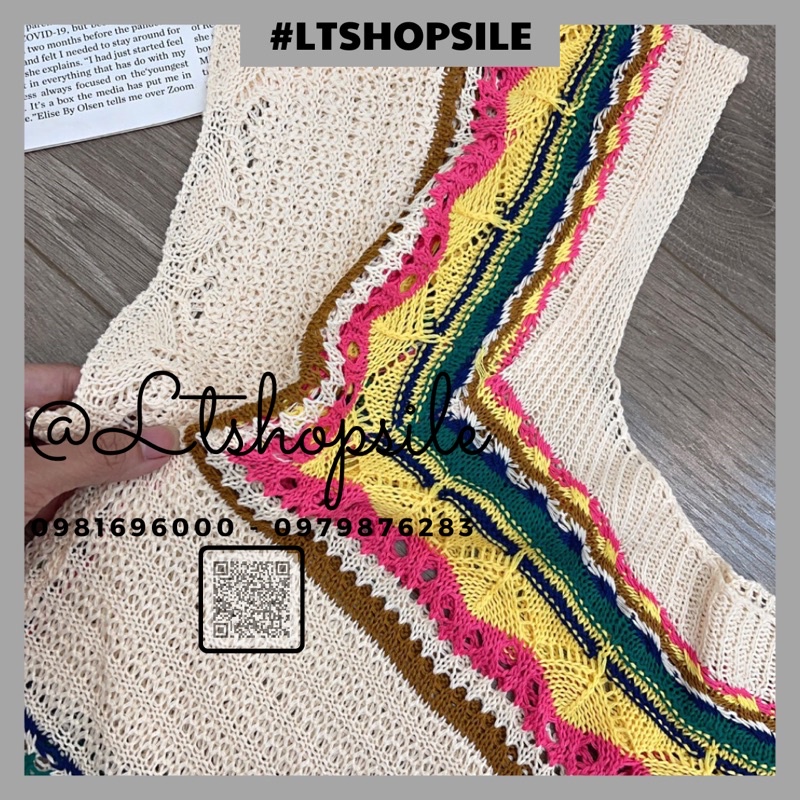 Áo len đan móc sợi cổ vuông tay ống rộng phối màu sắc thổ cẩm xinh