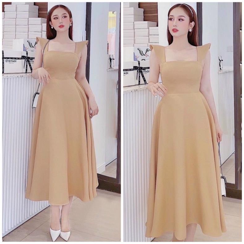 X2 Đầm dáng xòe công chúa màu kem form dài tay nhí cánh tiên cổ vuông dự tiệc đám cưới thanh lịch