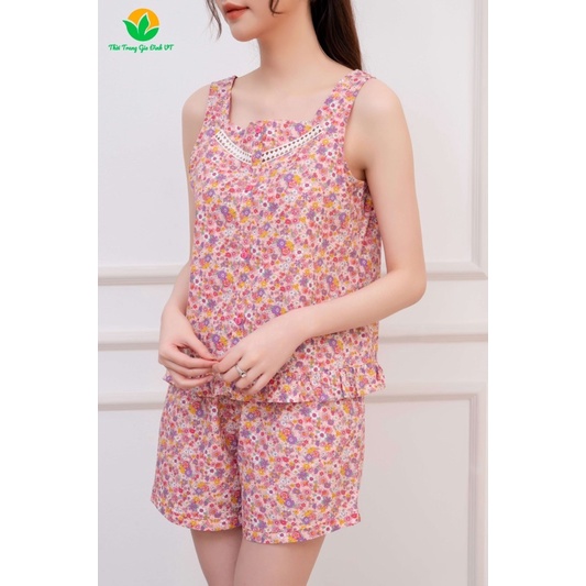 Bộ cotton nữ quần đùi áo sát nách ren ngực B42.2201