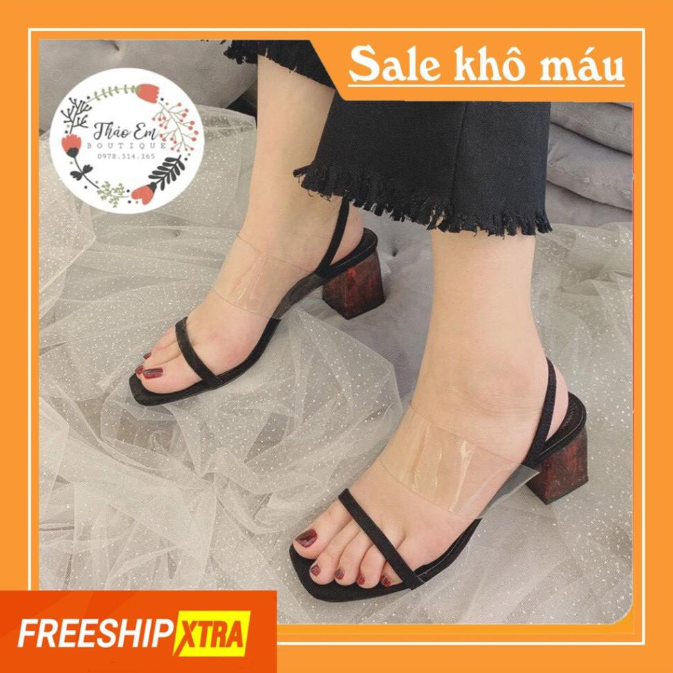 Dép cao gót Quai trong 5p gót vân gỗ đế vuông - Sandal 5cm công sở < Thảo Em Boutique>