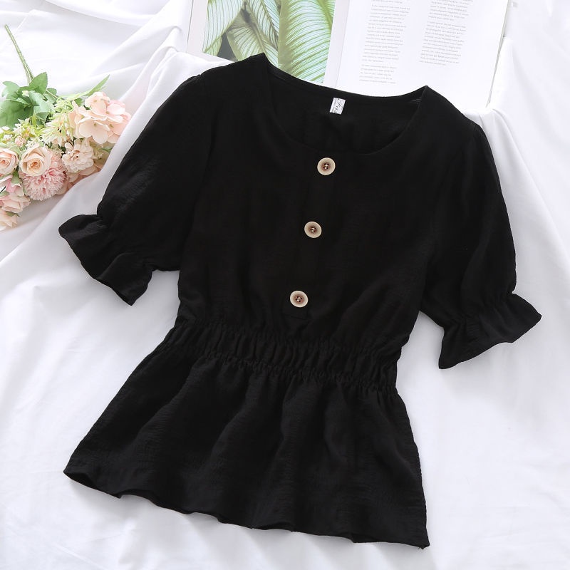 Áo Sơ Mi Trơn Ngắn Tay 162548 Áo Sơ Mi Mỏng Thắt Eo Thiết Kế Gấp Được Dễ Phối Đồ