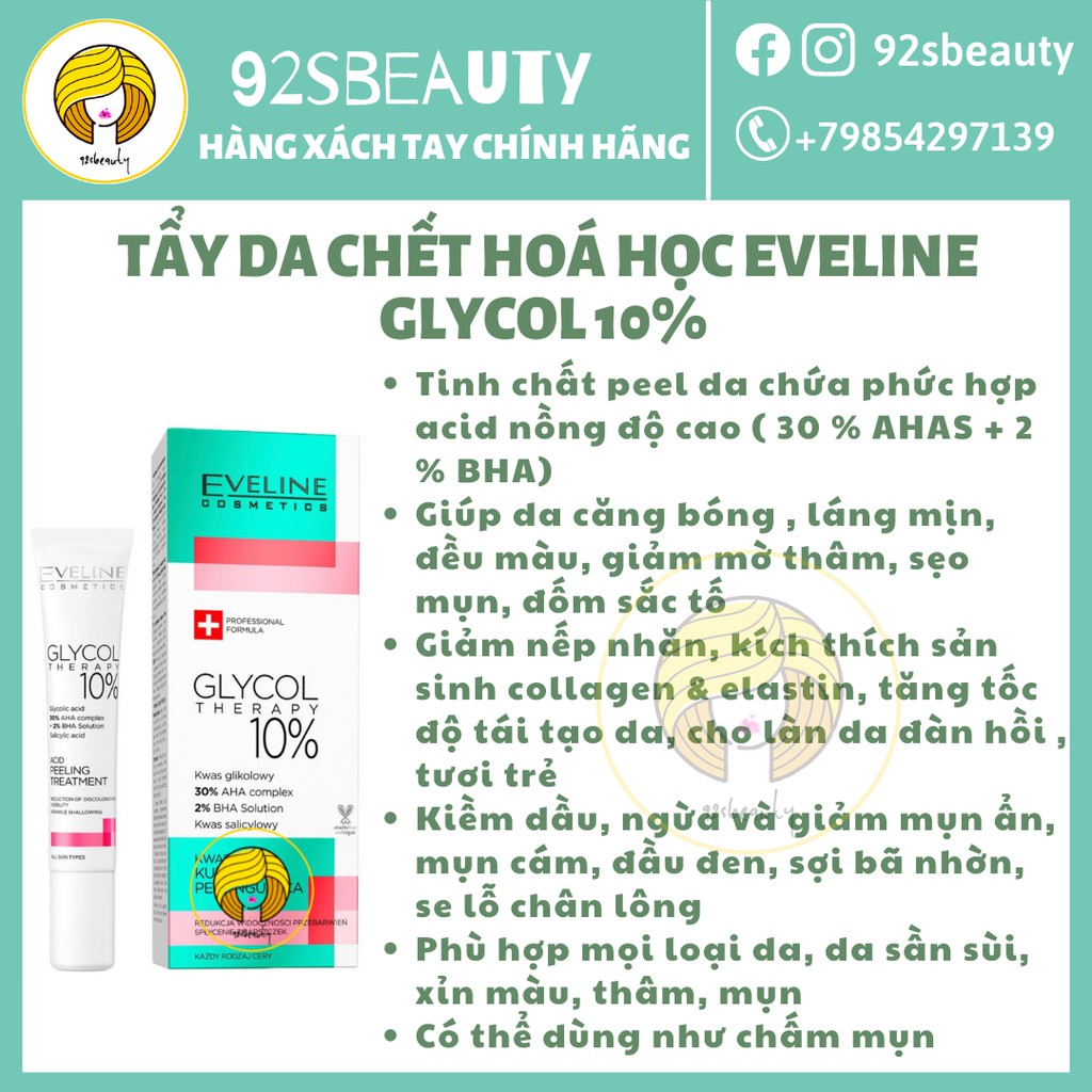 Tẩy da chết hoá học Eveline Glycol Therapy 10% Revitalizing Acid Peel cho da láng mịn, đều màu, căng bóng, ngừa mụn