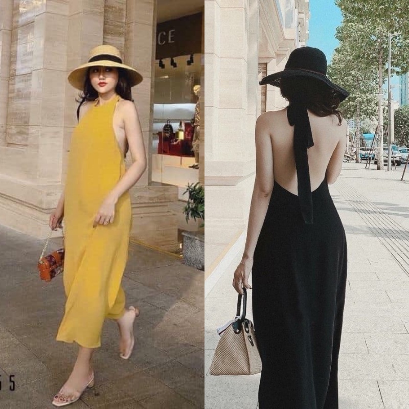 Đầm hở lưng maxi cổ yếm, đầm đi biển nhiều màu chất lụa mát mẻ