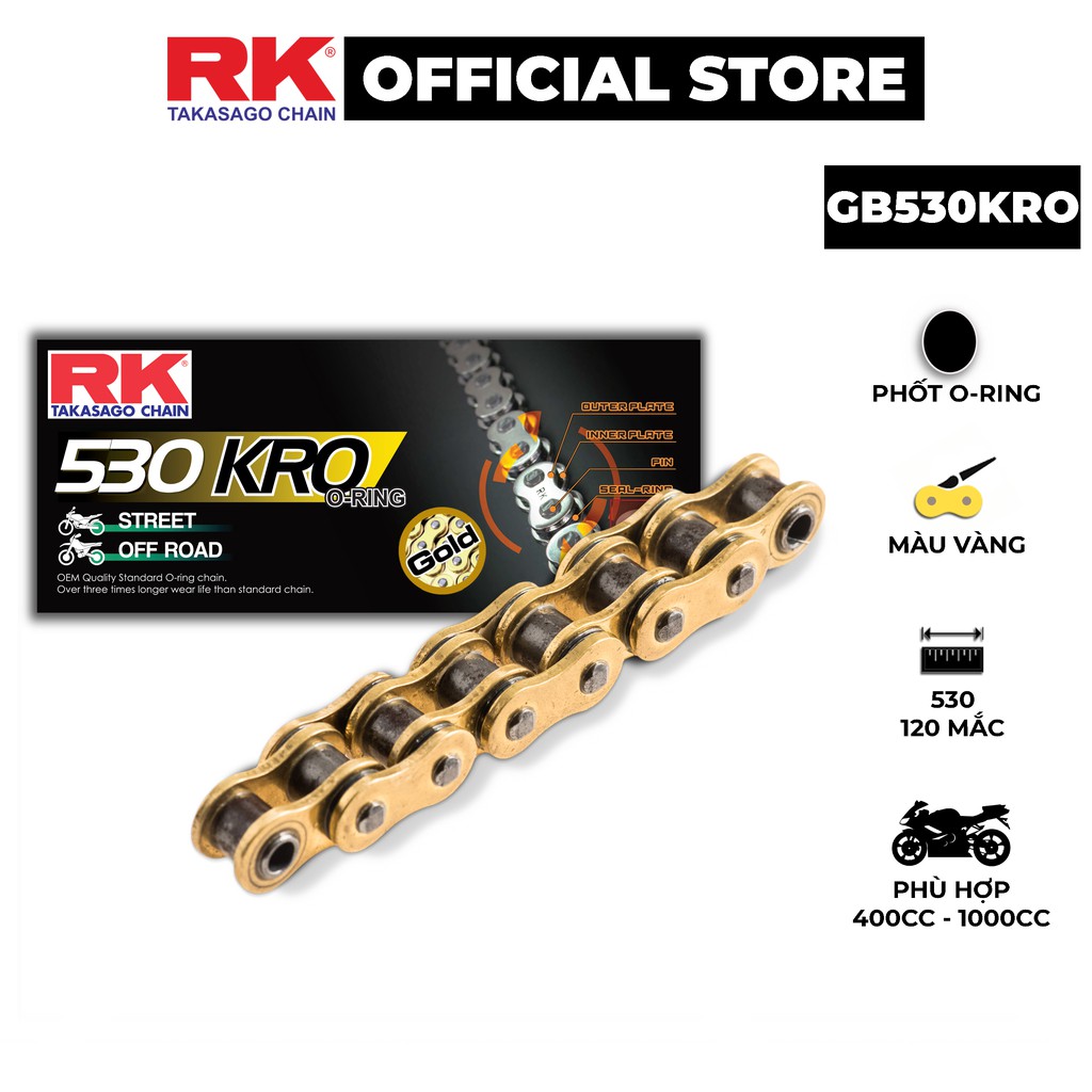 Sên xe phân khối lớn RK Takasago chain mã GB-530-KRO, màu vàng, phốt cao su O-ring, kích thước 530, 120 mắc sên