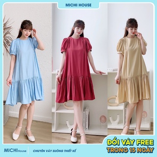 Đầm Suông Đuôi Cá Ngắn Tay Đính Cúc MICHI House V358 Váy Suông Lụa Tơ Mềm Mát Freesize
