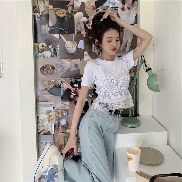 ⚜️ SET ÁO CROPTOP DÂY HOA VIỀN REN 🎀 KÈM ÁO THUN TRẮNG 🎀 PHONG CÁCH NĂNG ĐỘNG DỄ THƯƠNG