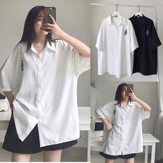 Áo Sơ Mi Thêu Gấu CHANREEN [FREESHIP] Áo sơ mi basic dễ mix đồ, mặc đi học, đi làm siêu xinh xắn