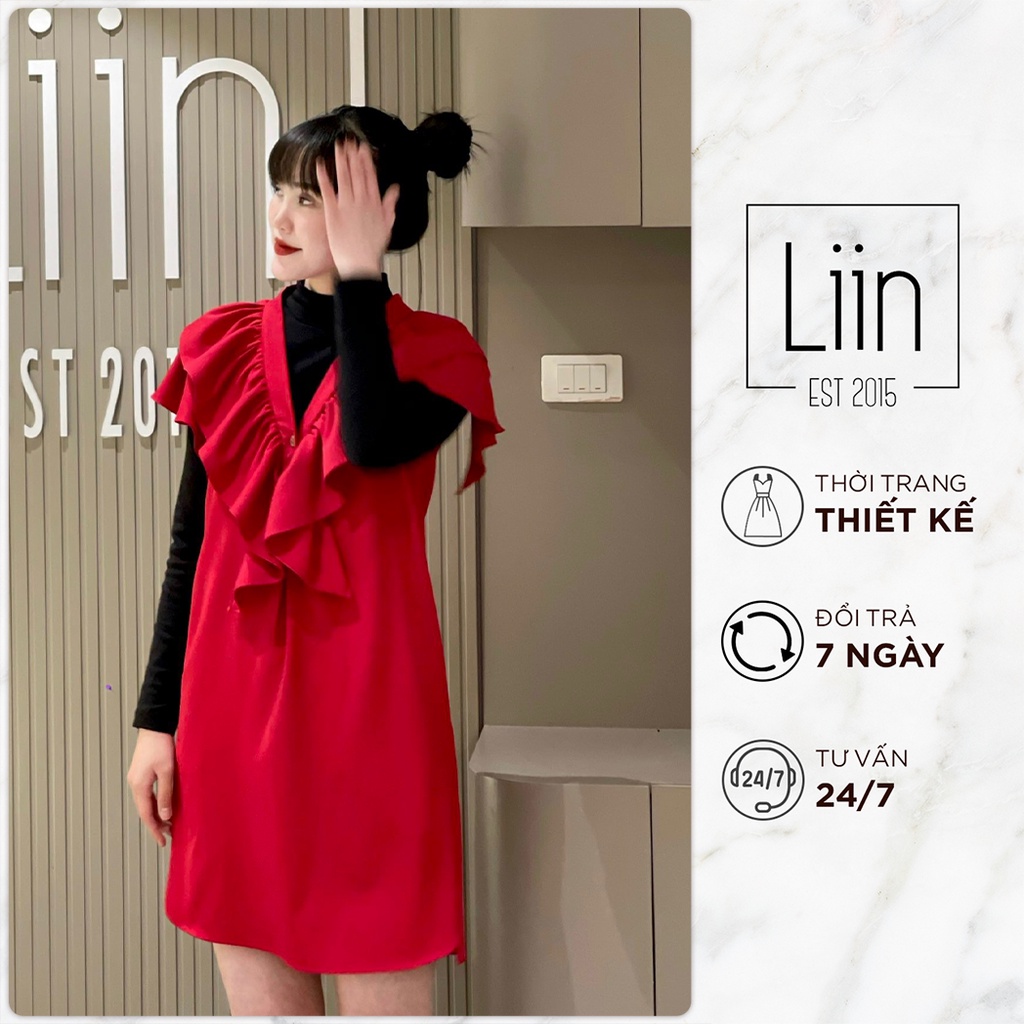 LIIN - Đầm Midi Chữ A Thiết Kế Cổ Tim Xếp Bèo Nữ Tính, Trẻ Trung V00815