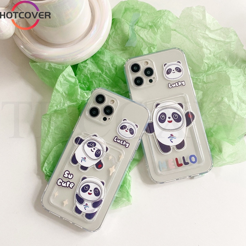 Ốp Điện Thoại Dẻo Trong Suốt Kèm Ngăn Đựng Thẻ Hình Gấu Trúc Cho Iphone 12 13 Mini 12 13 11 Pro XS Max XR X