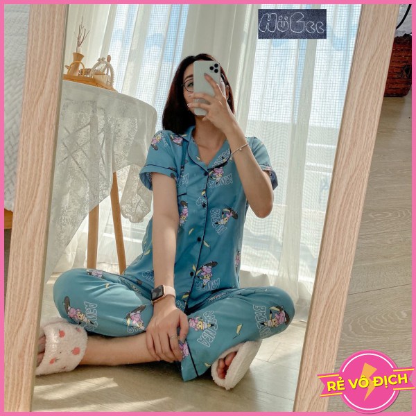 [FREESIZE] Đồ Bộ Quần Áo Ngủ Nữ Mặc Nhà Cộc Tay Pijama HUGEE Chất Vải Kate Thái Loại 1 Màu Xanh Ngọc Hình Pikachu A0483