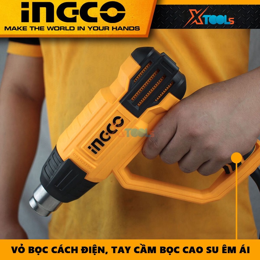 Máy khò nhiệt INGCO HG200028 | Máy thổi hơi nóng 2000W, máy khò màng co dán ni lông, decal, phim cách nhiệt ô tô, xe máy