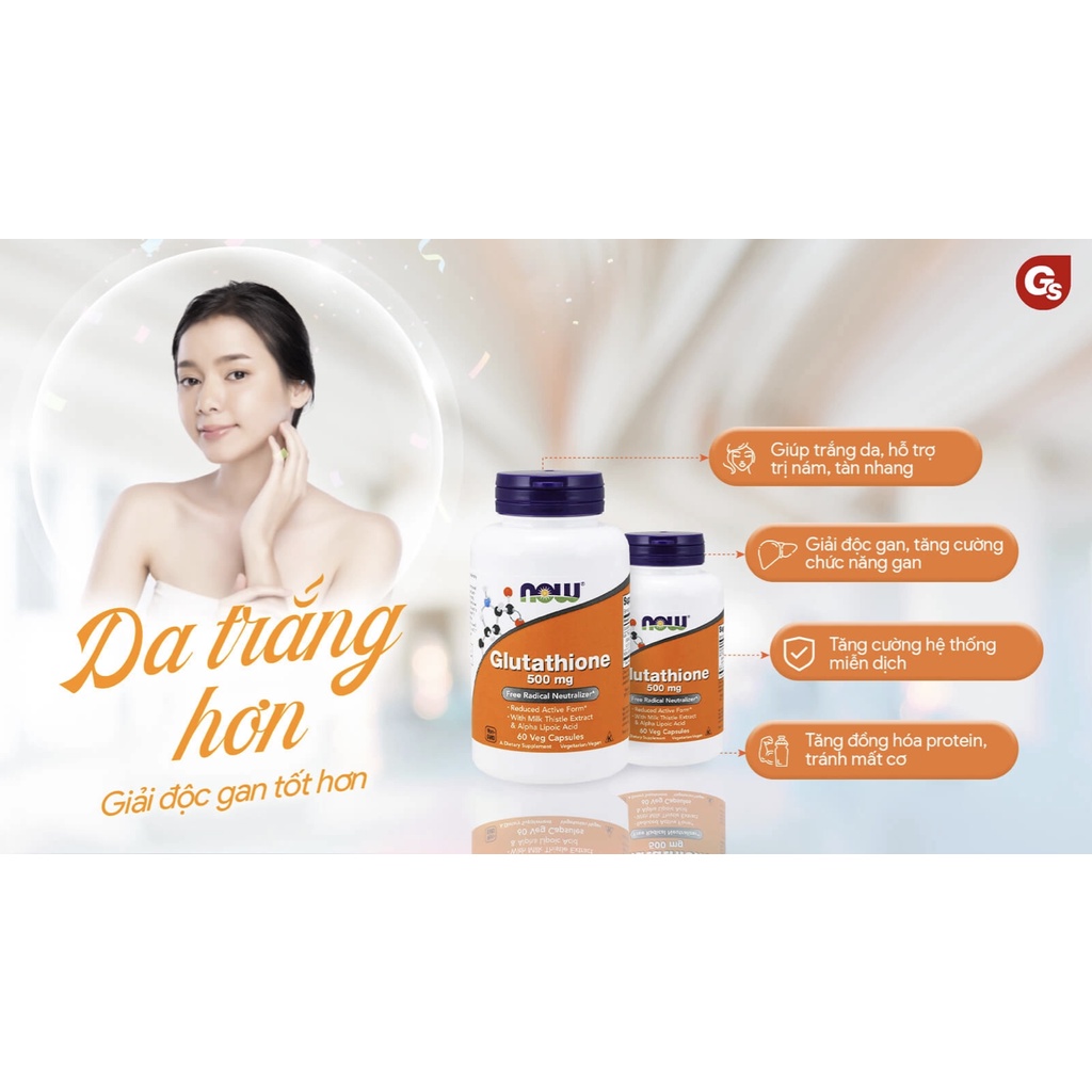 Viên uống trắng da, tăng cơ Now Glutathione 500 mg, 60 Veg Capsules - Chính hãng