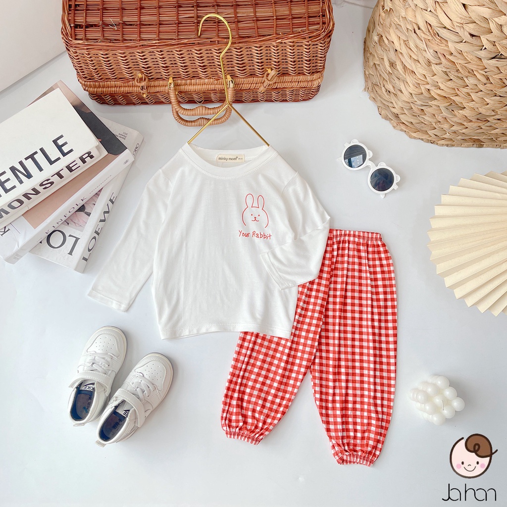 [SALE] Bộ Thun Lạnh Dài Tay Alibaba Cho Bé Trai, Bé Gái Minky Mom In Ngực Quần Caro, Đồ Bộ Cho Bé Mặc Nhà MKMTD2214