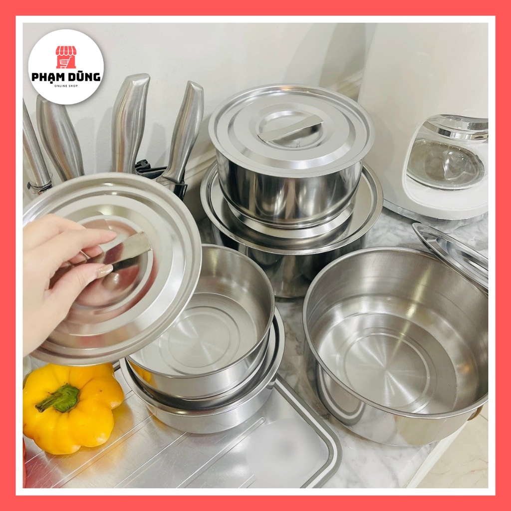 Bộ Nồi Inox Không Quai Tiện Lợi - Bộ 5 Thố Inox Có Nắp