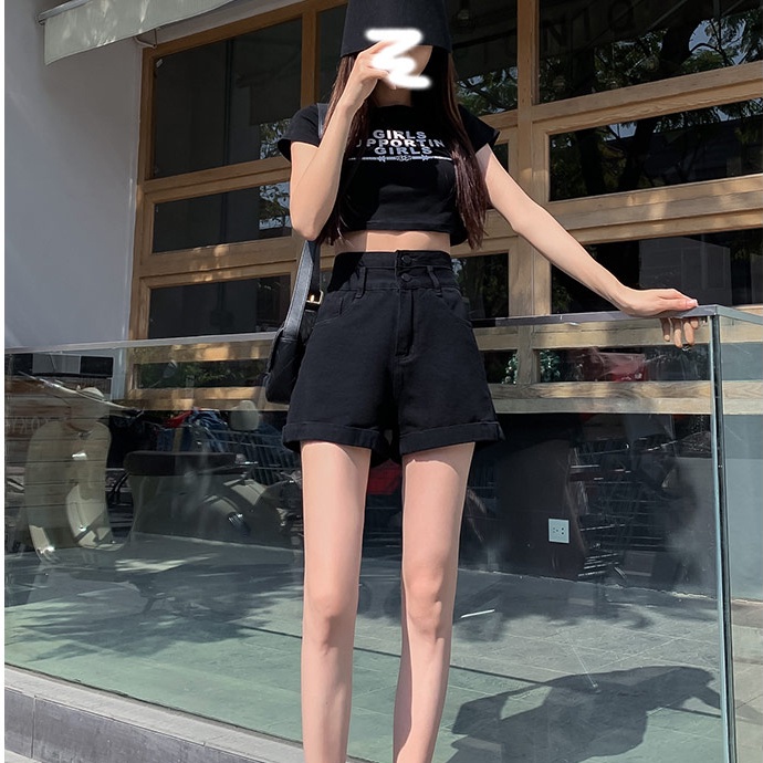 Quần Short Denim Lưng Cao Ống Rộng Theo Phong Cách Retro Hàn Quốc