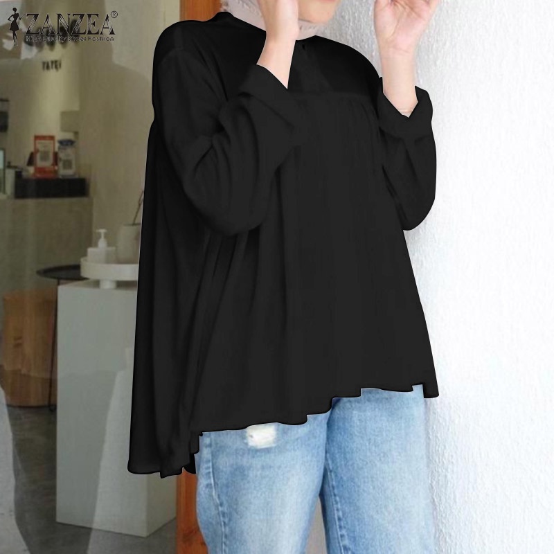 Áo Zanzea kiểu hồi giáo tay dài cổ tròn cài nút trước màu trơn