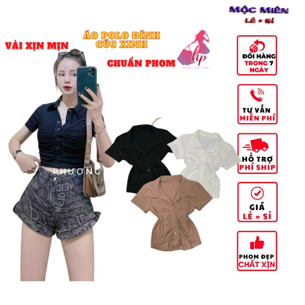 Áo polo ômbody cổ bẻ tay ngắn đính nút nhún ngực cực dễ thương phong cách thời trang Hàn 2021