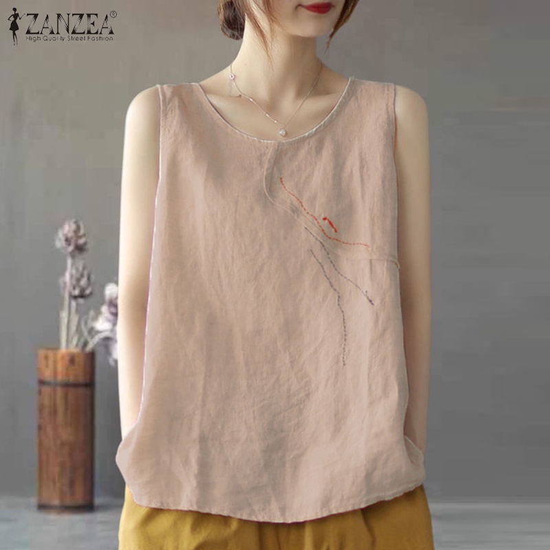 ZANZEA Áo Thun Không Tay Cổ Tròn Họa Tiết Thêu Thời Trang Nữ