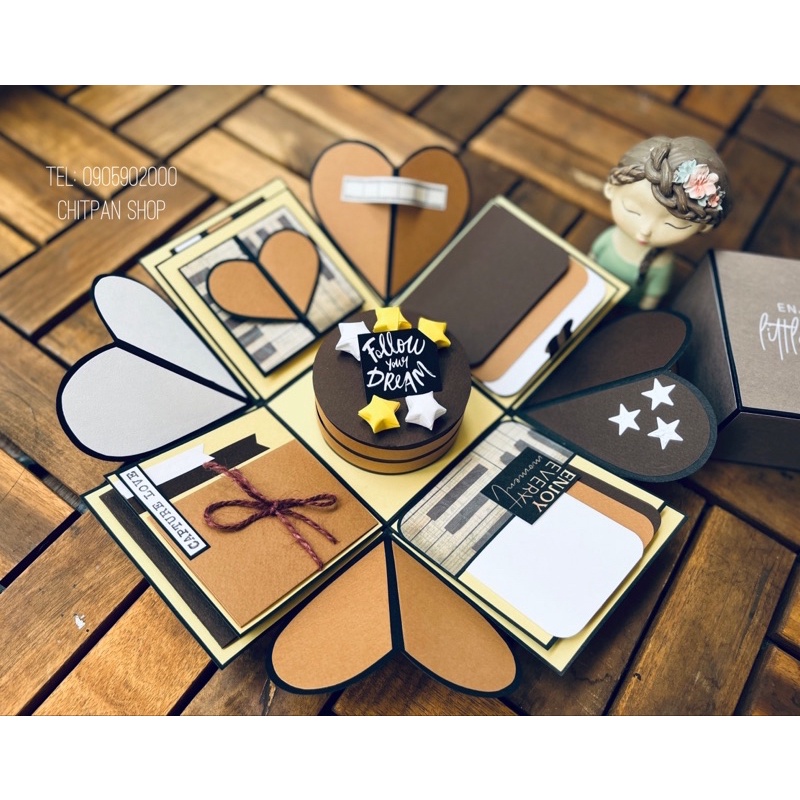 (Free in ảnh)LOVEBOX handmade dán ảnh, album dán ảnh đặc biệt, màu nâu