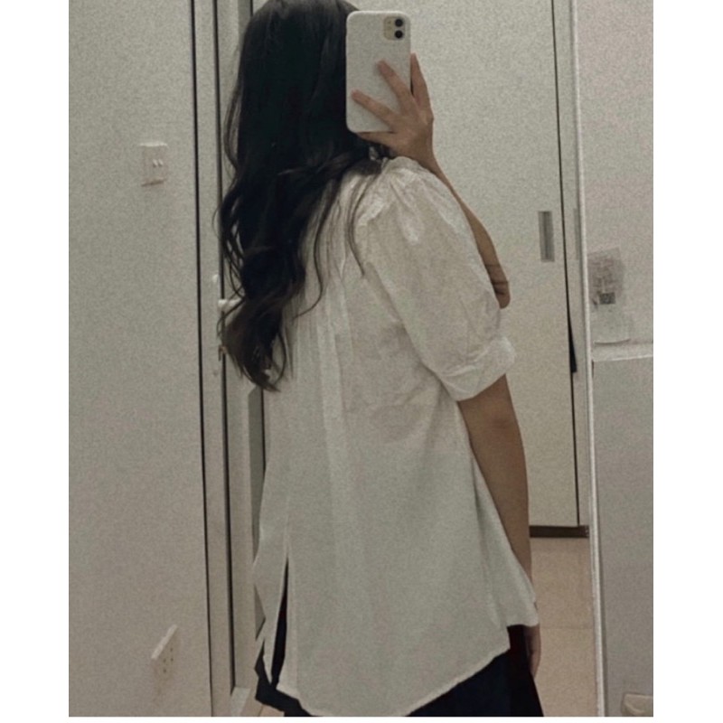 áo babydoll trắng cộc tay xếp ly khuy sau