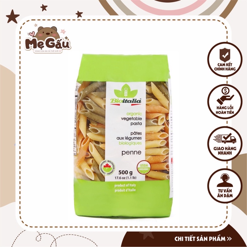 Nui ống dài rau củ quả hữu cơ Bioitalia 500g Bioitalia Penne rigate Vegetable 500g