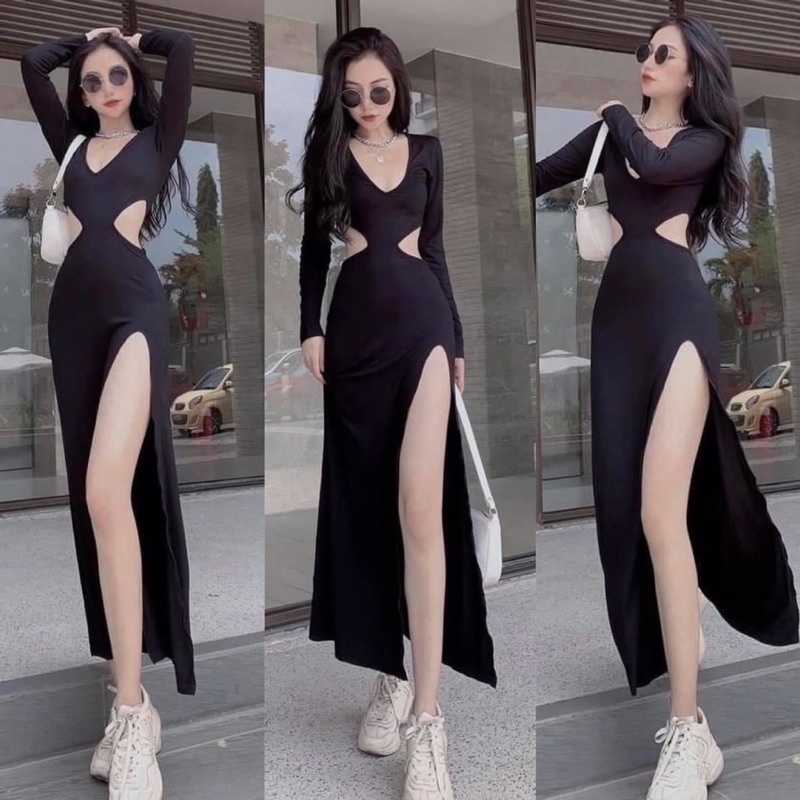 Đầm body dài tay xẻ tà CÓ MÚT khoét eo dáng dài sexy sang chảnh alohashop91