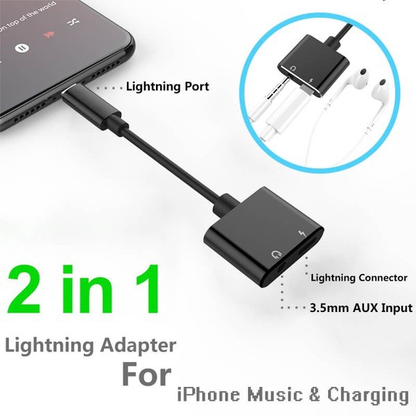 Cáp chia cổng sạc/tai nghe sang giắc 3.5mm/Lightning 2 trong 1 cho iPhone