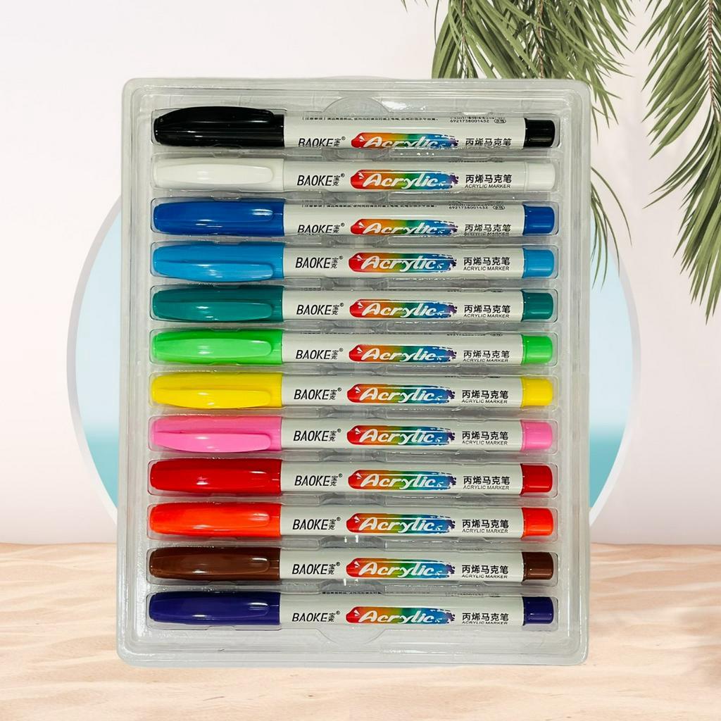 Bút acrylic 12 color Baoke MP2938 Màu Thường/ Màu Pastel Đầu lông cọ vẽ trên mọi bề mặt