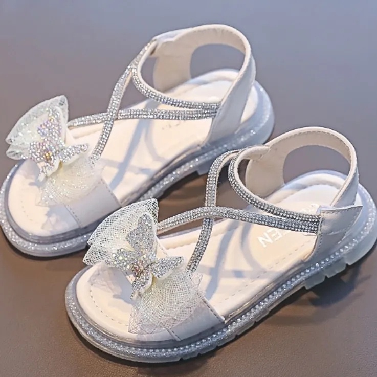 Xăng đan Quai Dán Đính Đá Hình Nơ Xinh Xắn Cho Bé Gái