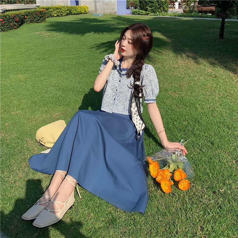 Suit Skirt Women's 2021 Summer New Korean Small Fresh Floral Bubble Sleeve Shirt + Two Piece Skirt