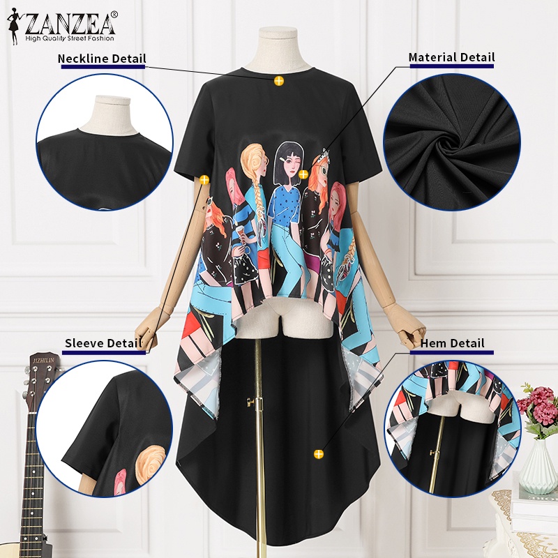 Áo kiểu Zanzea tay ngắn cổ tròn dáng rộng in họa tiết phong cách retro thời trang cho nữ