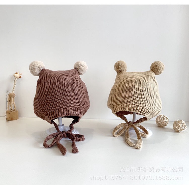 Mũ len tai bông có dây buộc giữ ấm cho bé