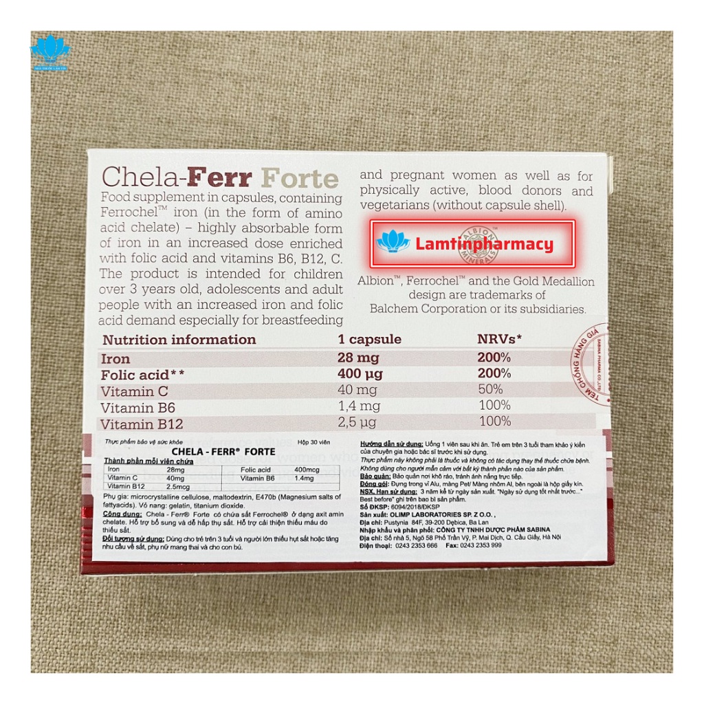☘️☘️☘️(Tặng quà chất) Chela Ferr Forte - Vitamin Bổ sung Sắt, Acid Folic cho mẹ Bầu trước và sau sinh  (Hộp 30 viên)