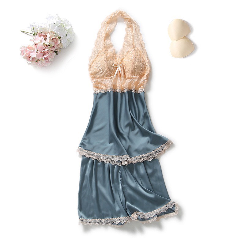 Đồ Ngủ 2 Dây Quần Cộc Ren Xẻ Mặc Nhà Lụa Satin Cao Cấp AMK.10040