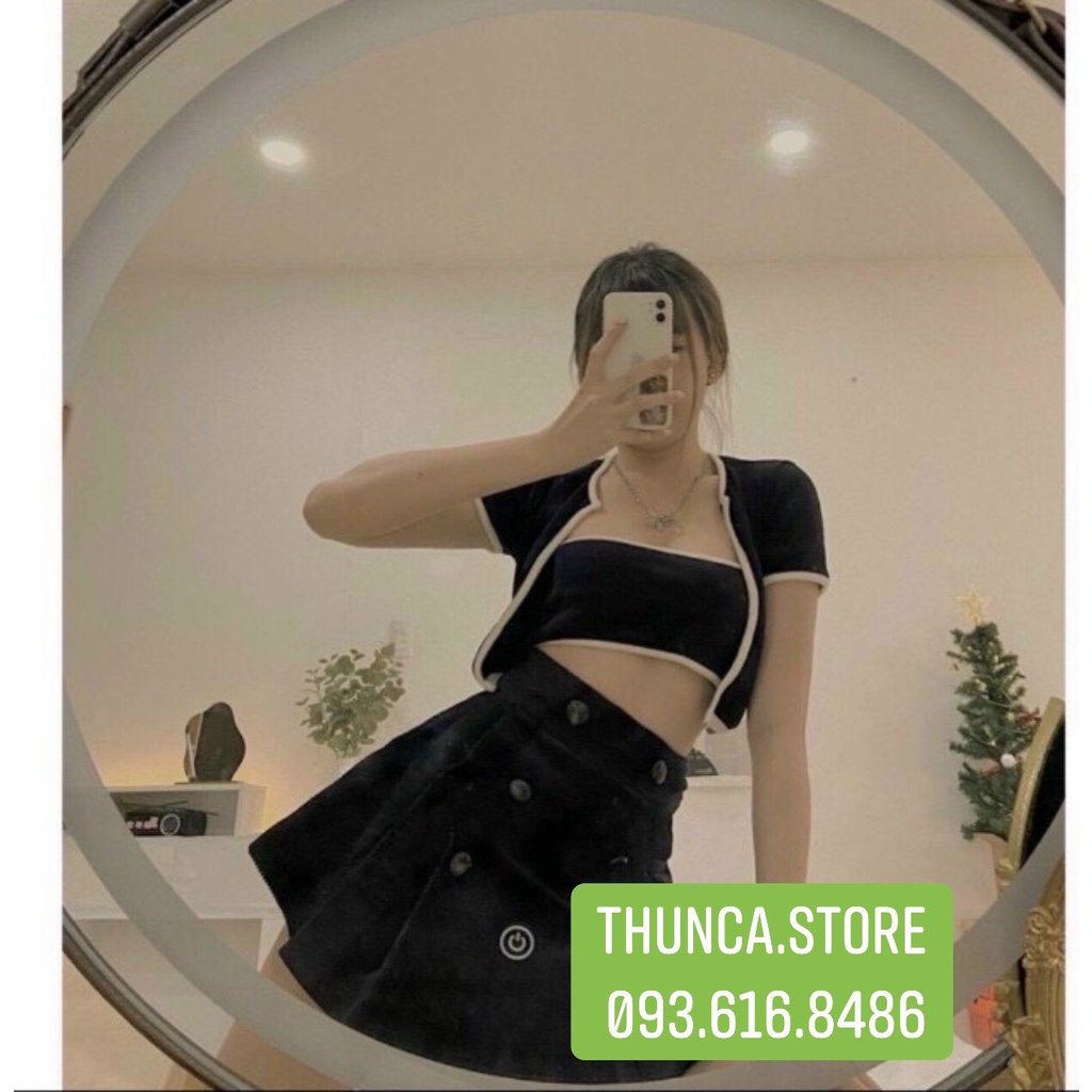 Set áo croptop và áo khoác ngoài chất thun bo mềm mịn thời trang, Bộ Áo Croptop Nữ Phối Viền Set Áo Quây Kèm Crt Cộc Tay