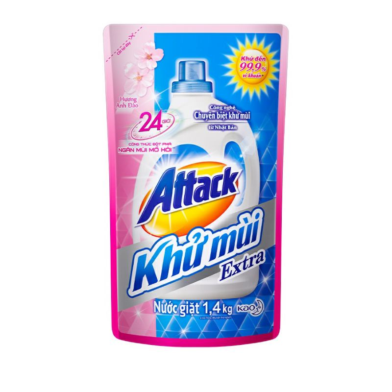 0Combo 3 Nước giặt Attack Khử Extra Mùi Hương Anh Đào túi 1.4kg