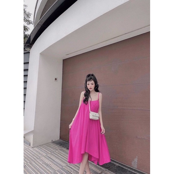Đầm thô dáng suông trơn hai dây form rộng bầu bì diện thoải mái