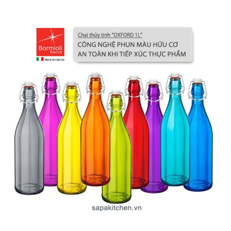 Chai thủy tinh nắp gài 1 Lít Oxford 10 cạnh nhiều màu Đỏ/Cam/Xanh lá/Xám/Xanh dương/Hồng/Tím/Trắng