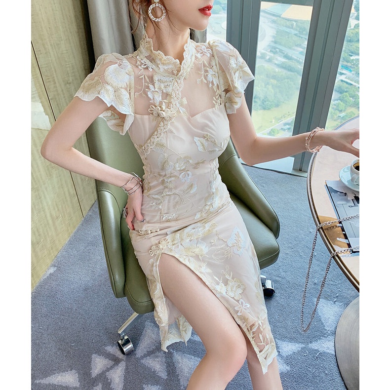 ZYHT Sườn Xám Đầm Tay Ngắn Phối Ren Thêu Họa Tiết Phong Cách Trung Hoa Cổ Điển Thời Trang Mùa Hè 4848