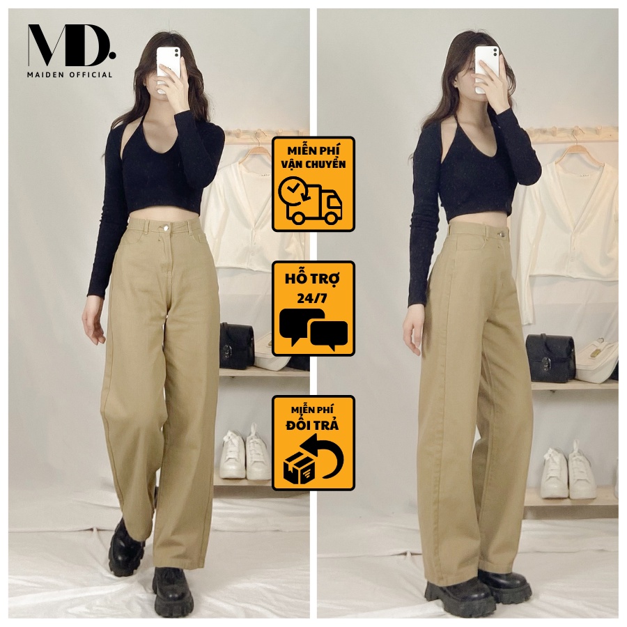 Quần jean nữ ống rộng dáng suông nữ cạp cao, quần kaki nữ ống đứng trơn màu nâu tây | BigBuy360 - bigbuy360.vn