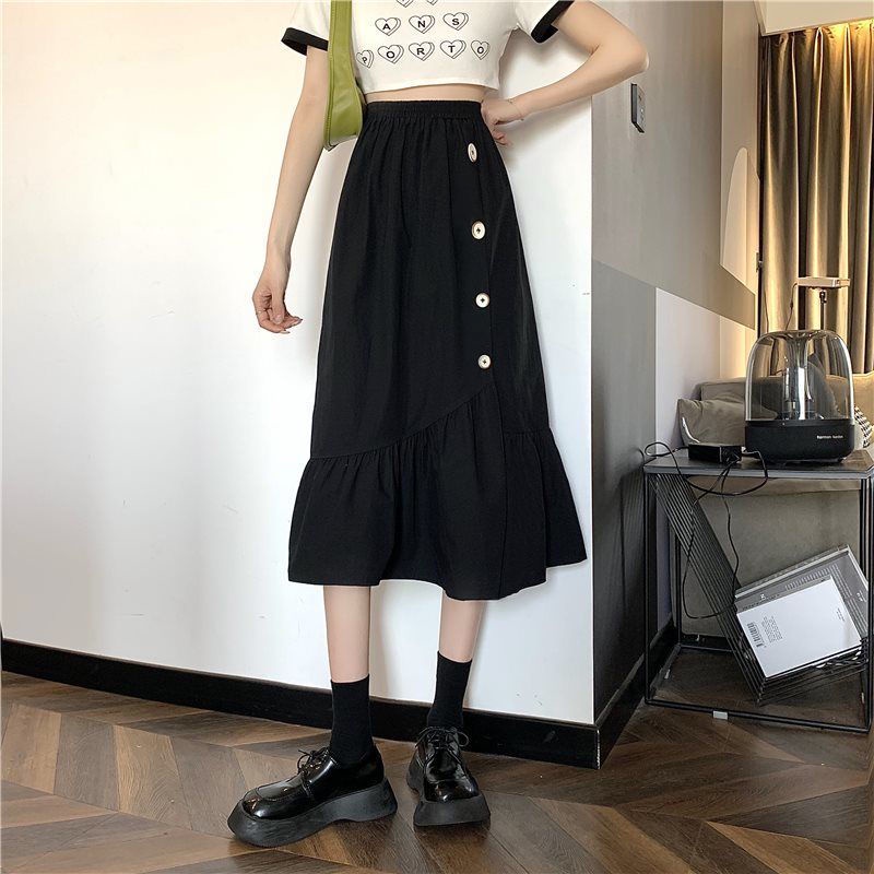 Women's Korean-Style Mid-Length Skirt High Waist Slimming All-Matching White DesignaWord Skirt