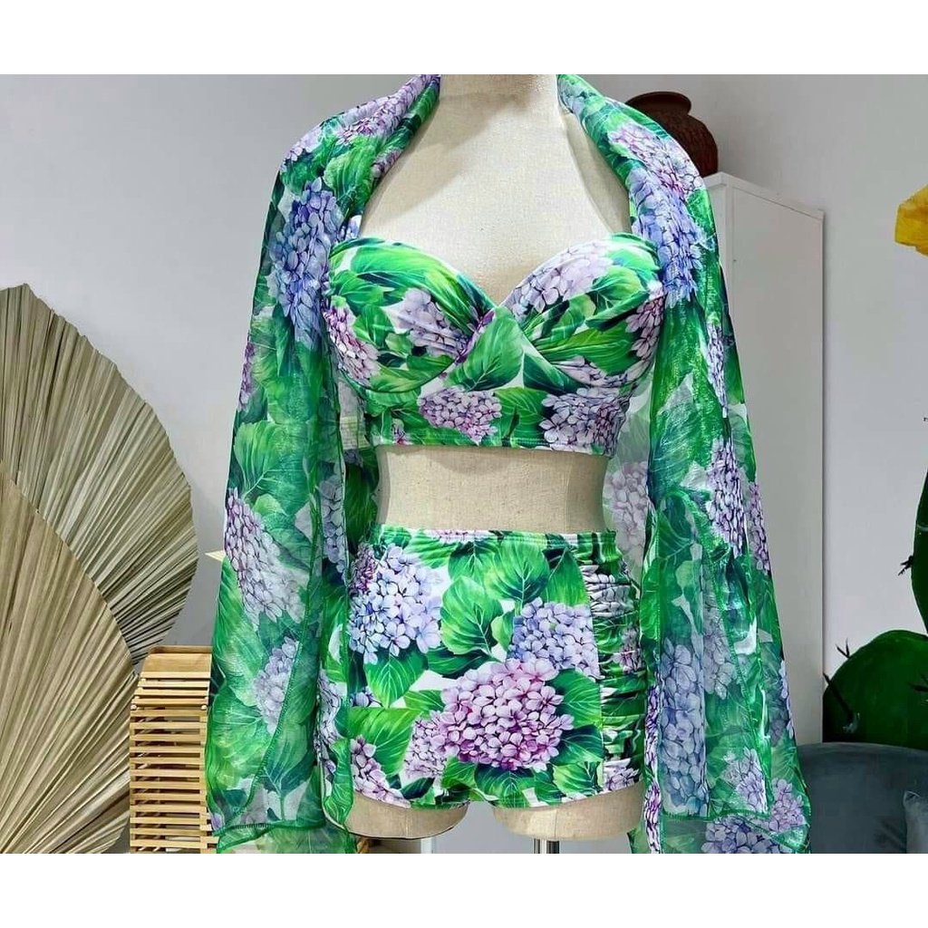 Bikini Nữ Hai Mảnh ComBo 3 Món, Đồ Bơi Đi Biển Hai Mảnh Kèm Khăn Voan Họa Tiết Sang Đẹp Binsports BHV165 Hoa Tú Cầu