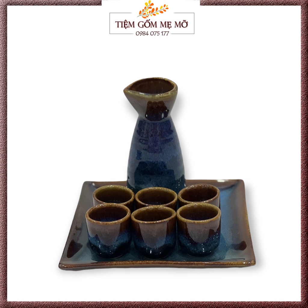 Bộ bình rượu sake phong cách Nhật Bản men hỏa biến lam gốm sứ Bát Tràng