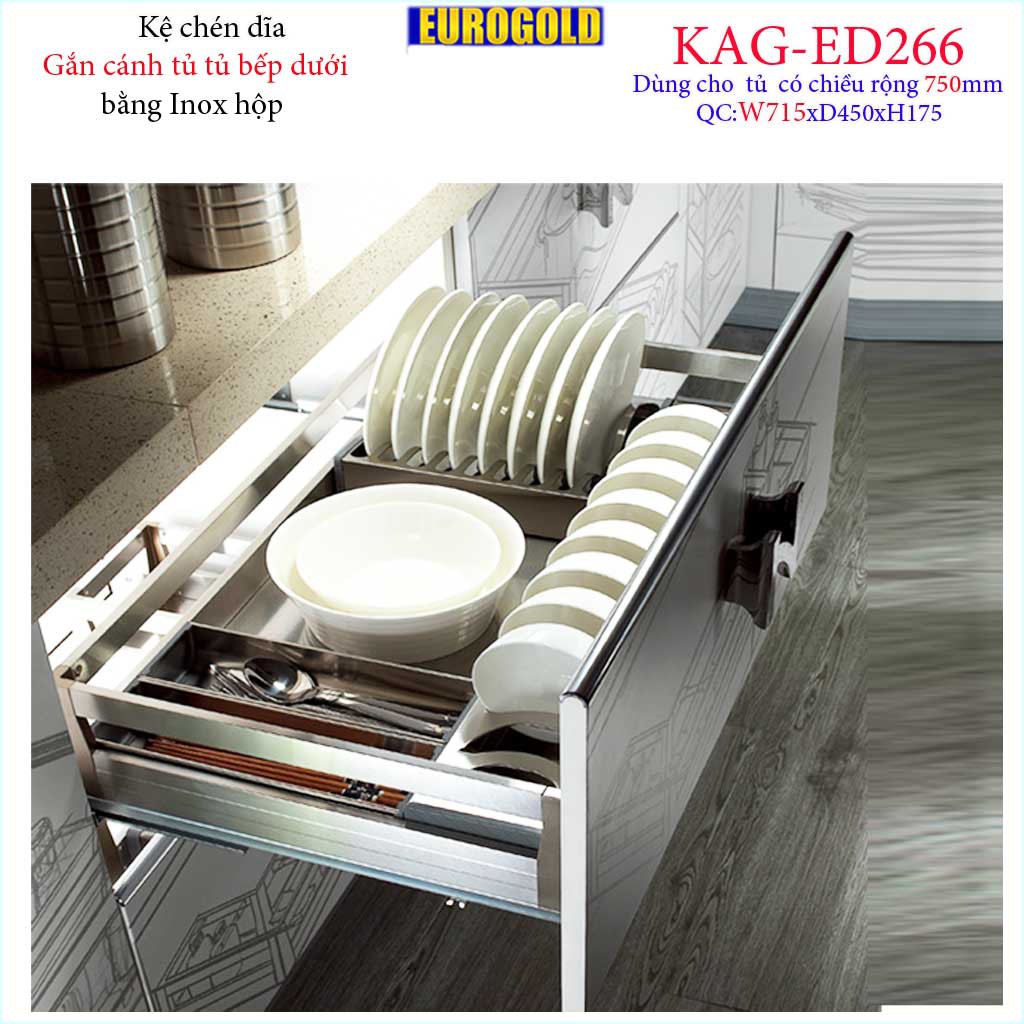 Kệ chén bát Eurogold âm tủ bếp, Kệ đa năng ray kéo tủ bếp dưới inox hộp  60cm-70cm-75cm-80cm-90cm