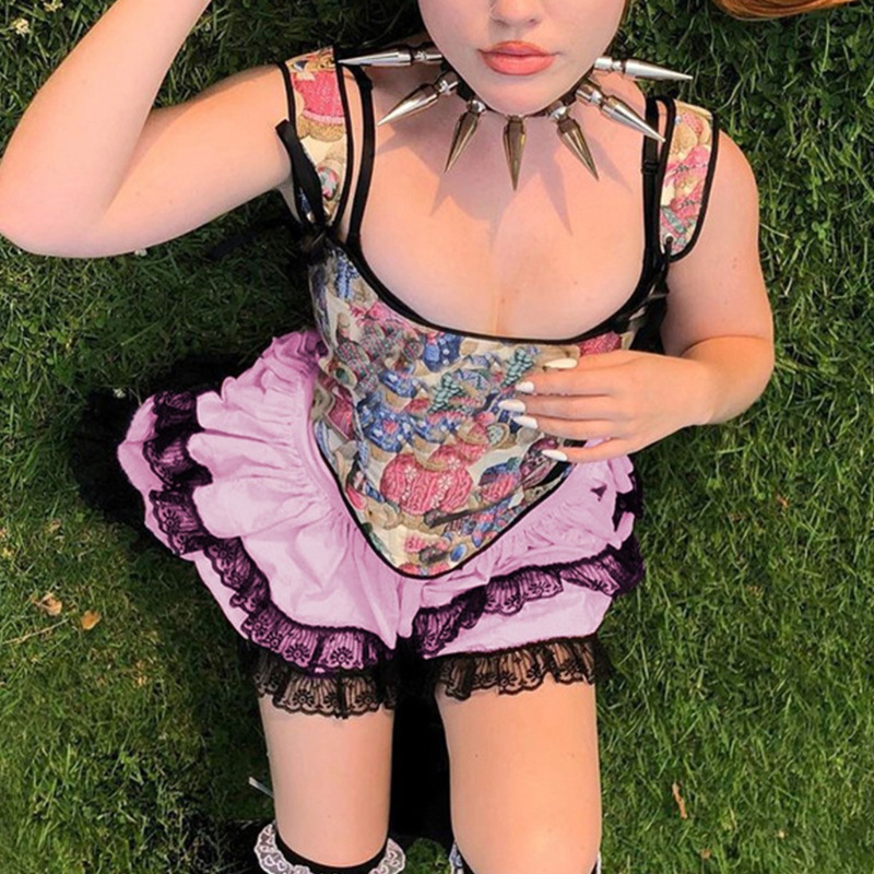 Chân Váy Chữ A Xếp Ly Hai Lớp Phối Ren Phong Cách Gothic Punk Dành Cho Nữ