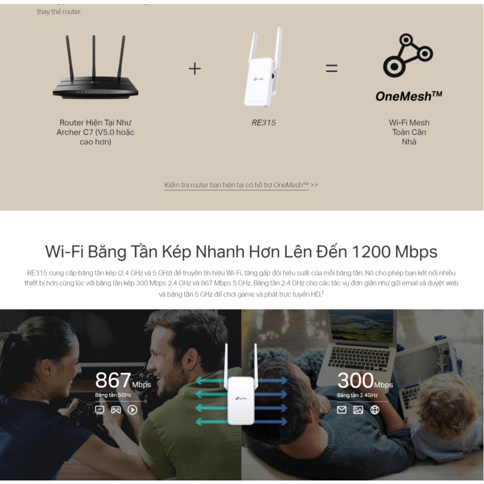 [Hỏa Tốc - HCM] Bộ Mở Rộng Sóng Wifi Mesh TP-Link RE315 Chuẩn AC 1200Mbps | Hàng Chính Hãng | BH 24 Tháng | Mimax Store