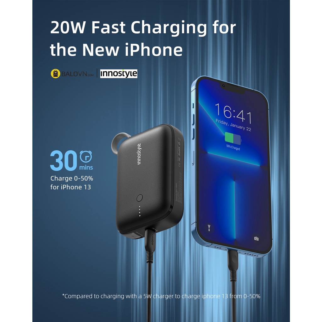 Pin Sạc Dự Phòng Innostyle Powergo Mini 10000 mAh 22.5W Tích Hợp Cáp USB-C IP22PDBLK