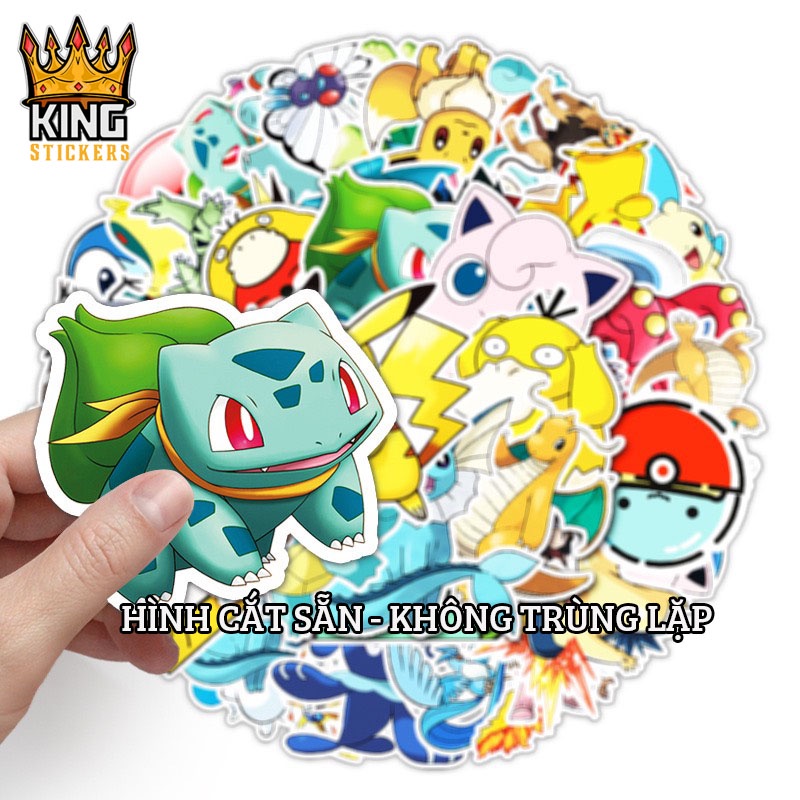 Combo 50 Hình Sticker Pokemon chống nước, dán mũ bảo hiểm, trang trí laptop, vali, phụ kiện KINGSTICKER