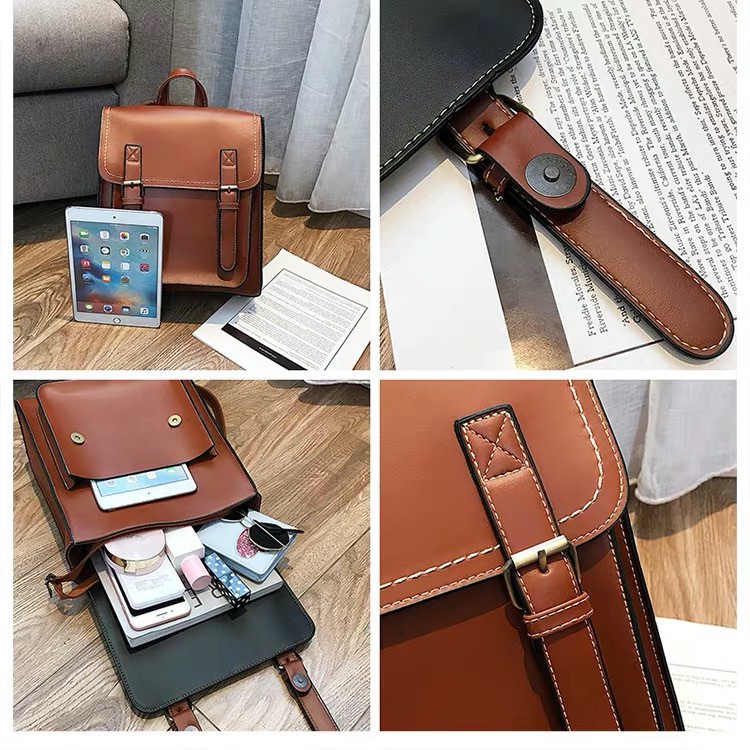 BALO DA BALO NỮ THỜI TRANG PHONG CÁCH VINTAGE BALO VUÔNG HỌC SINH DA PU ULZZANG
